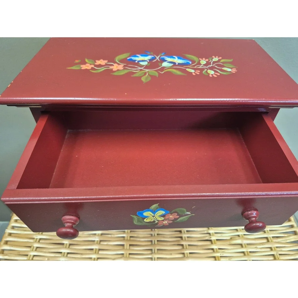 Rosemaling Style Hand Painted Floral 3 Drawer Wood Chest Folk Art Nordic Decor
